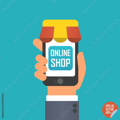 Online shop illustration. Smartphone with awning in hand for website or mobile application.