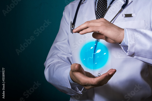 The doctor holds a semen icon in his hands. Protection of the reproductive system of men. Reproductive Wellness.
