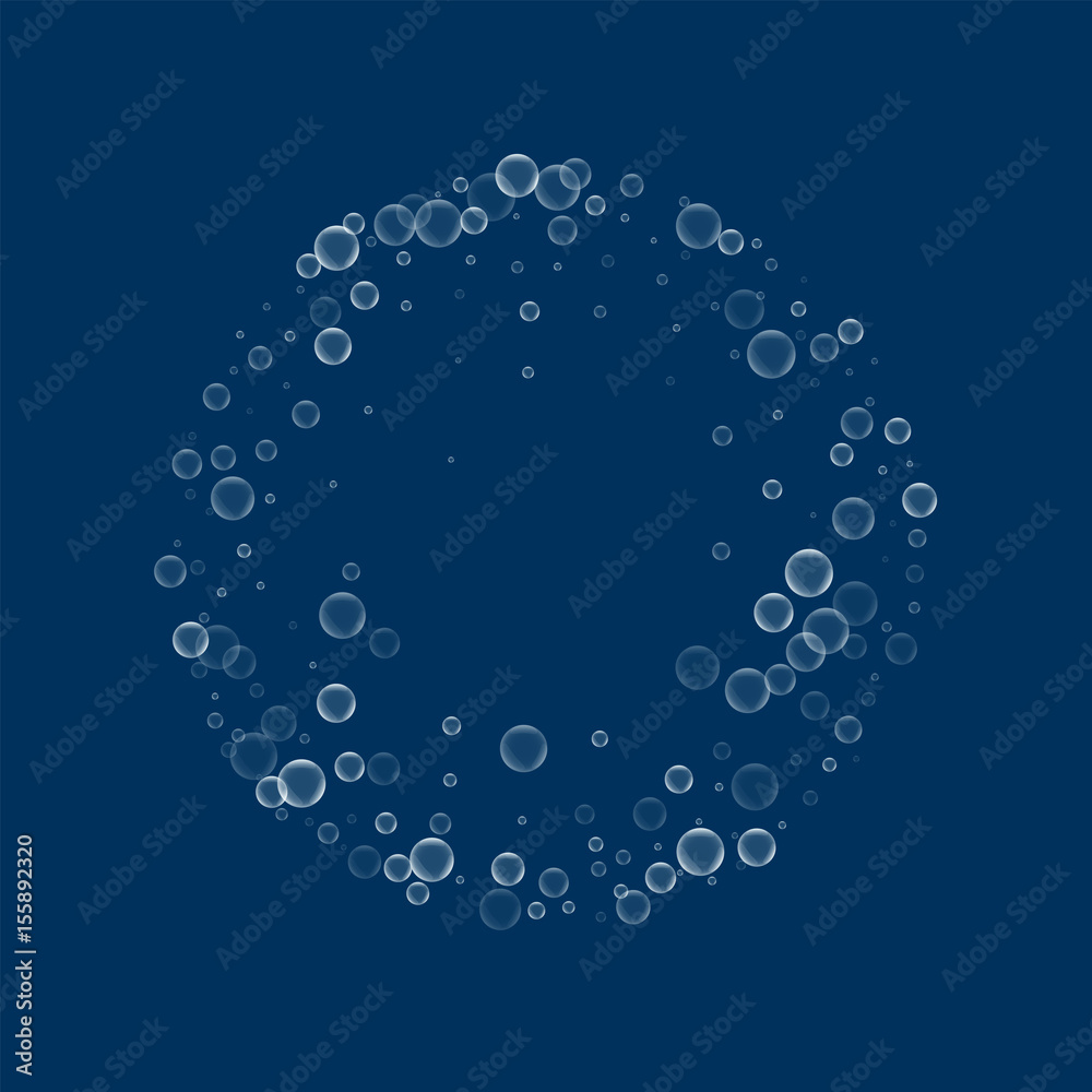 Soap bubbles. Round frame with soap bubbles on deep blue background. Vector illustration.