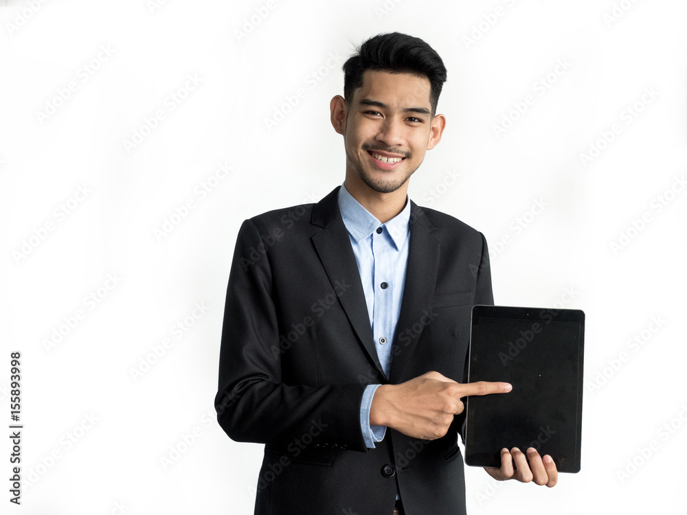 Handsome business asian man present blank screen tablet for business presentation isolated on white background. Handsome business asian man present blank screen tablet for business presentation isolated on white background.