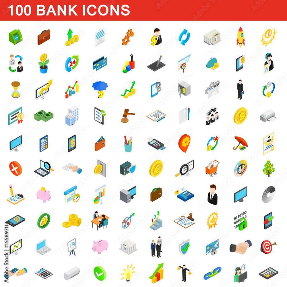 100 bank icons set, isometric 3d style 100 bank icons set, isometric 3d style