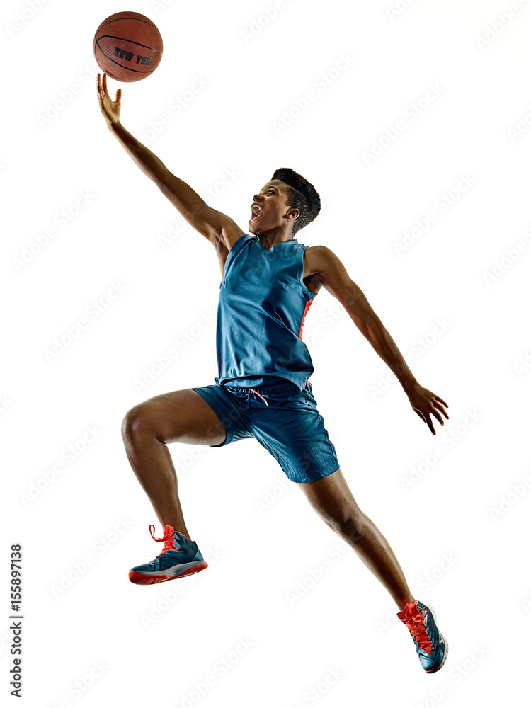 Fototapeta premium one african Basketball players woman teenager girl isolated on white background with shadows