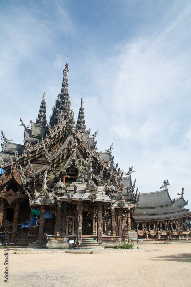 Details of Sanctuary of Truth temple (Prasat Satchatham),handmade reliefs and sculptures, Pattaya, Thailand