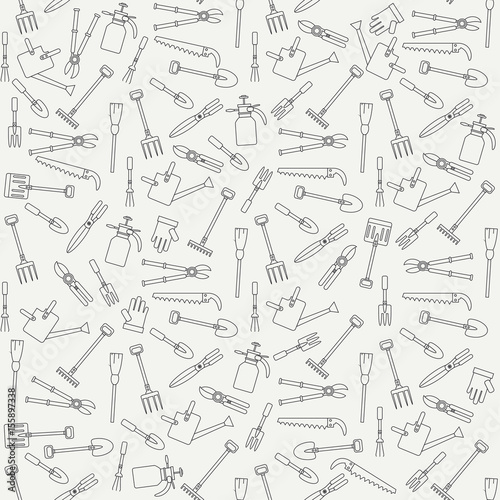 Seamless line pattern with garden tools icons. Vector illustration. Elements for design. Garden hand work tools collection. Graphic texture for design and wallpaper. Monochrome garden tools pattern.