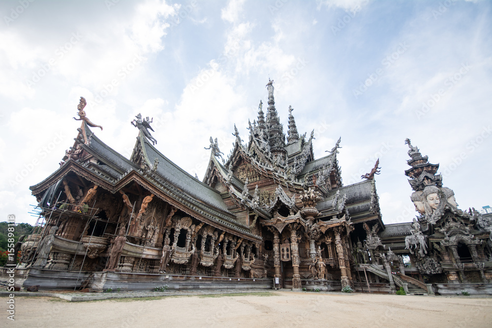 Details of Sanctuary of Truth temple (Prasat Satchatham),handmade reliefs and sculptures, Pattaya, Thailand