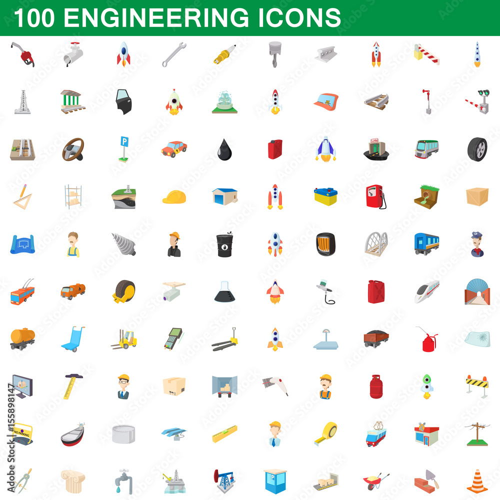 Fototapeta premium 100 engineering icons set, cartoon style
