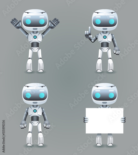Robot different poses innovation technology science fiction future cute little 3d Icons set design vector illustration