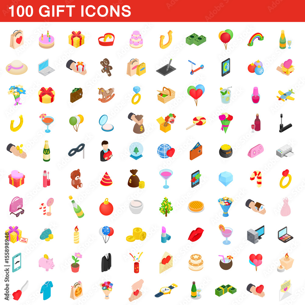 Fotografie 100 gift icons set, isometric 3d style