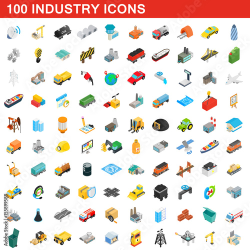 100 industry icons set, isometric 3d style