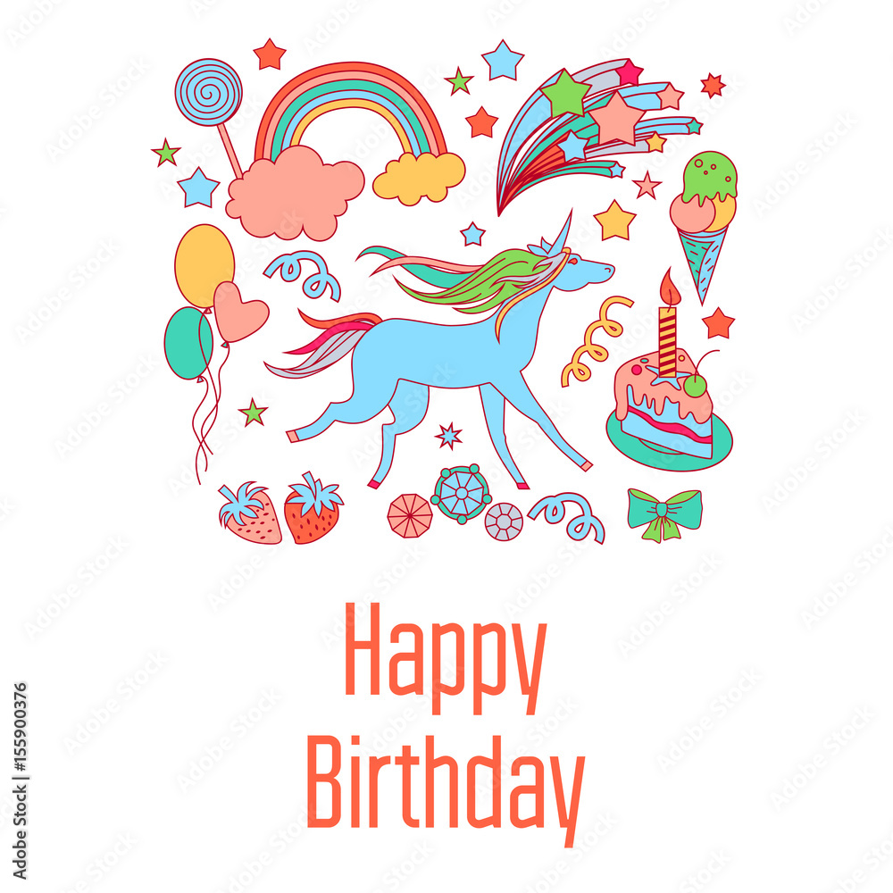 Happy birthday holiday card with sweets, stars, rainbow, ice-cream, unicorn, cloud and fireworks Happy birthday holiday card with sweets, stars, rainbow, ice-cream, unicorn, cloud and fireworks
