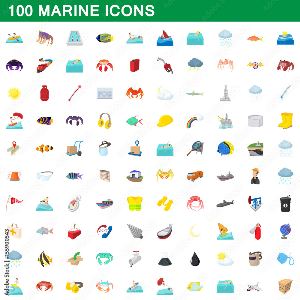 100 marine icons set, cartoon style 100 marine icons set, cartoon style