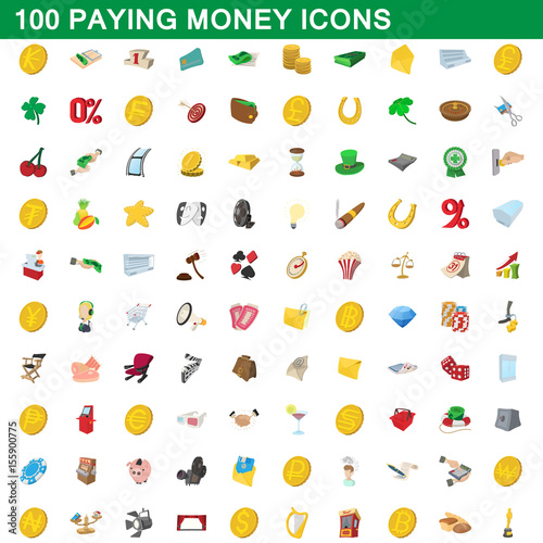 100 paying money icons set, cartoon style
