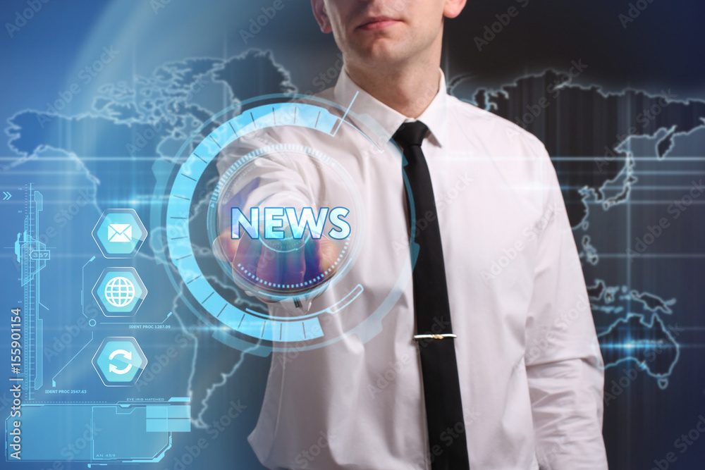 Business, Technology, Internet and network concept. Young businessman working on a virtual screen of the future and sees the inscription: News Business, Technology, Internet and network concept. Young businessman working on a virtual screen of the future and sees the inscription: News