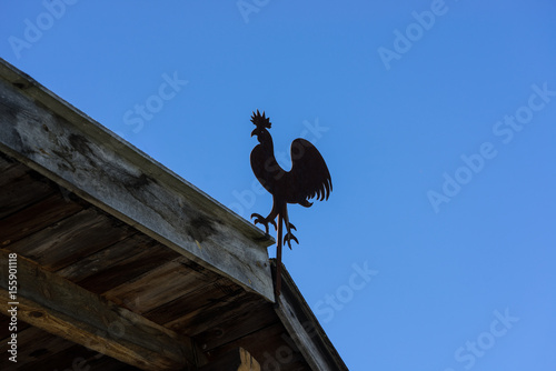 Cock - weathervane on the roof. House eaves and blue sky, evening light. Pitburger See, Taxegg, Salzburg, Austria, Europe photo