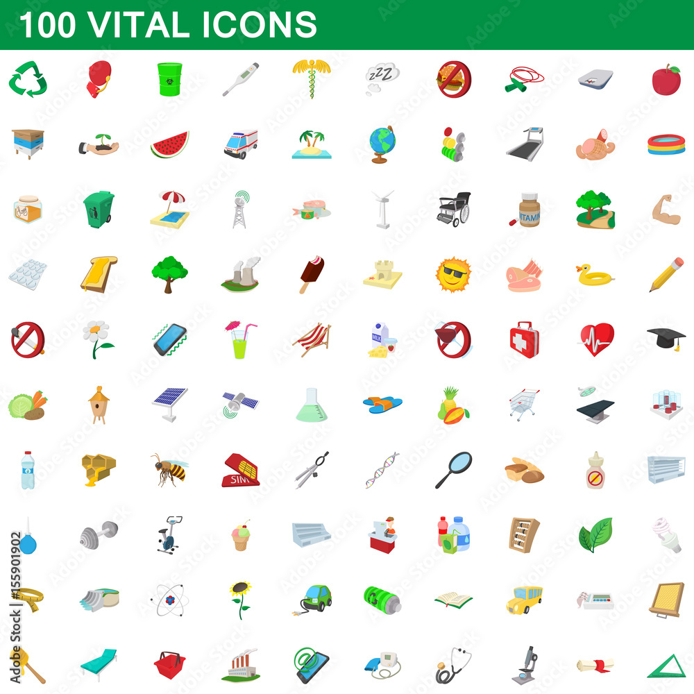 Fototapeta premium 100 vital icons set, cartoon style