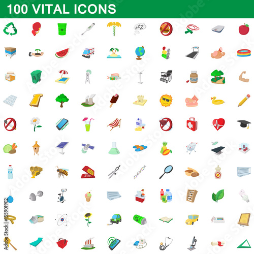 100 vital icons set, cartoon style