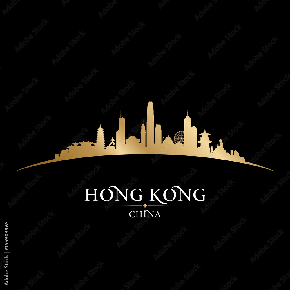 Naklejka premium Hong Kong China city skyline silhouette black background