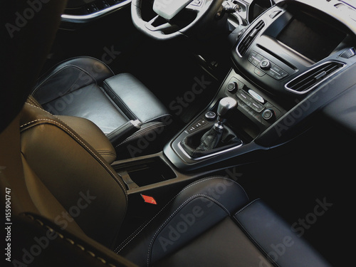 Top view of sport vehicle interior with sport leather seats stock photo
