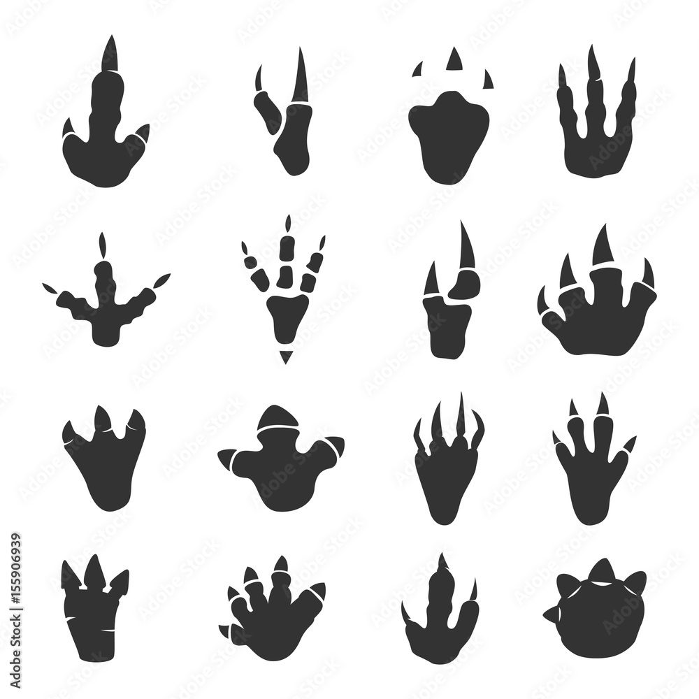 Fototapeta premium Dinosaur footprints collection on white