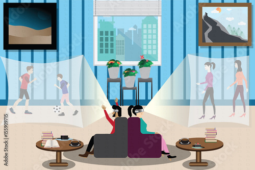 VR technology concept, man and woman in virtual reality glasses used for entertain - Vector