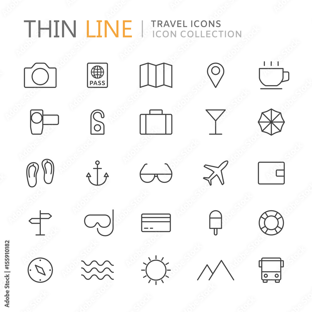 Collection of travel and summer thin line icons Collection of travel and summer thin line icons