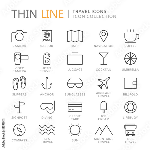 Collection of travel and summer thin line icons