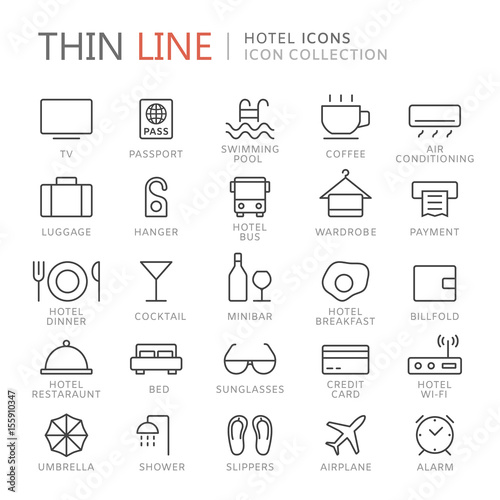 Collection of hotel and travel thin line icons