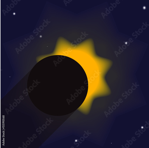 Illustration showing a partial eclipse of the sun with shadow. The moon does not fully cover the sun, so its part is visible, as well as the blue sky and stars.