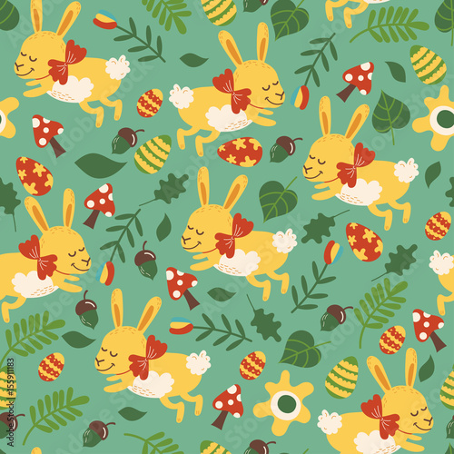 Seamless pattern for easter theme with cute cartoon bunny and flowers,eggs and foliage. Vector illustration