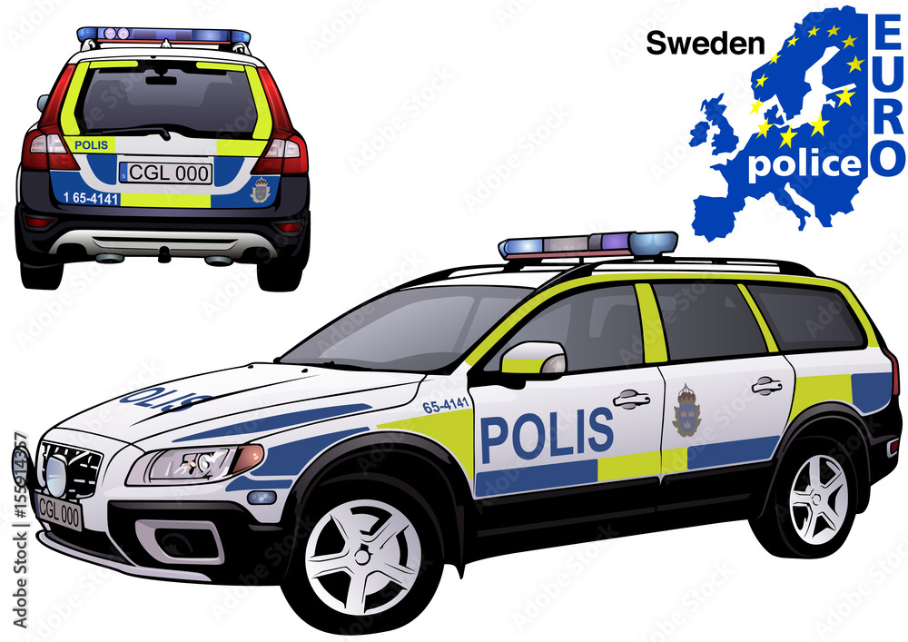 Sweden Police Car - Colored Illustration from Series Euro police, Vector Sweden Police Car - Colored Illustration from Series Euro police, Vector