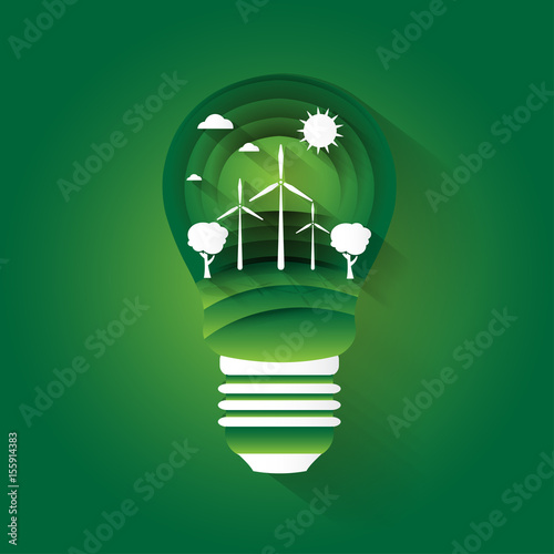 Concept illustration on the theme of preserving the environment and alternative energy sources in light bulb. Paper art. Vector