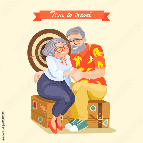 Cute elderly couple sitting on a large suitcase. Cartoon style illustration.