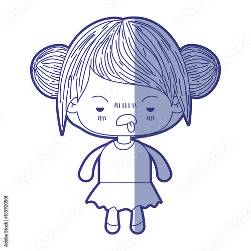 blue shading silhouette of kawaii little girl with collected hair and facial expression unsavory vector illustration