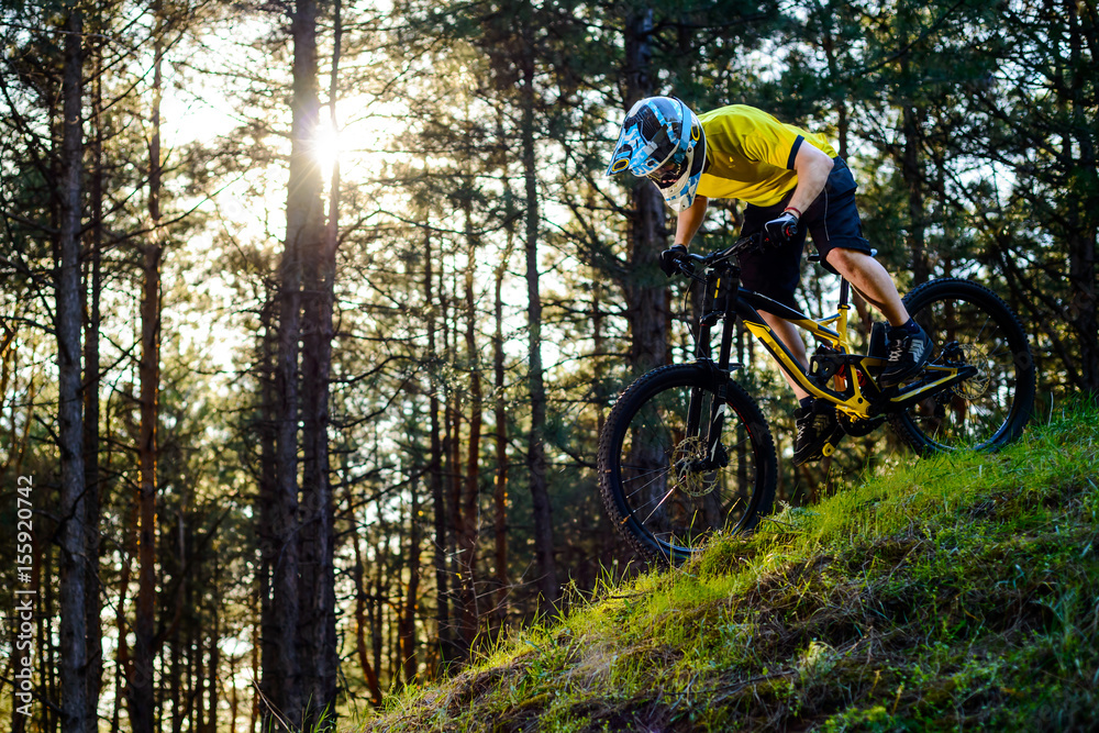 Professional Cyclist in Yellow T-shirt and Helmet Riding the Bike Down Hill in Forest. Extreme Sport Concept. Professional Cyclist in Yellow T-shirt and Helmet Riding the Bike Down Hill in Forest. Extreme Sport Concept.
