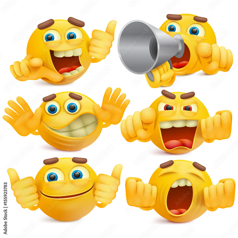 Set of yellow cartoon smiley emoticon characters