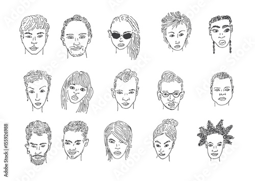 People faces drawing. Men and women faces hand drawing cartoon. Pencil sketching.