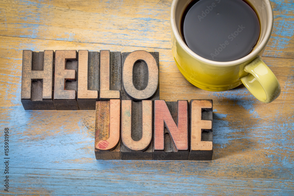 Hello June word abstract in wood type - obrazy, fototapety, plakaty 