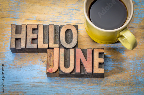 Hello June word abstract in wood type photo