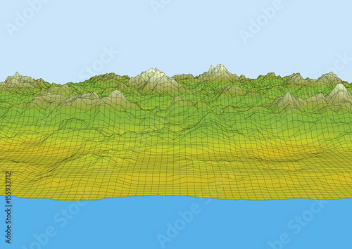 Retro styled futuristic landscape with mountains range and sea