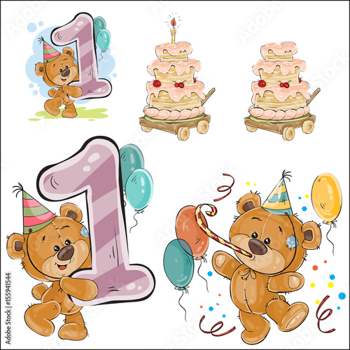 Set of vector illustrations with brown teddy bear, birthday cake and number 1, prints, templates, design elements for greeting cards, invitation cards, postcards