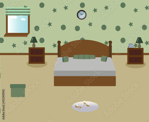 A cute bedroom. Lamps on the tables.A wood bed witn green decorative pillows. Сarpet. Sexy cute slippers with high heels. Wallpapers.Provence style. Vector illustration. 