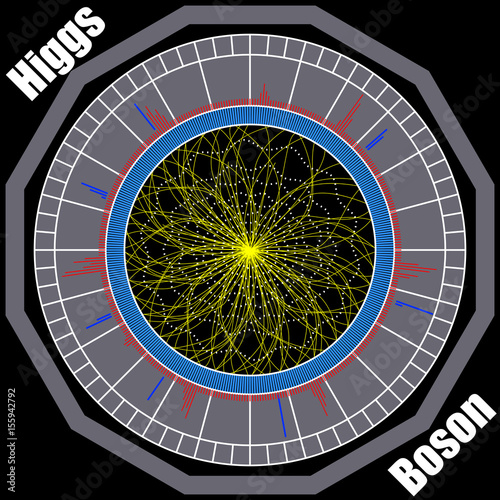 Boson Higgs, quantum mechanics, Hadron Collider. Voyage in the Space. Big Bang illustration. Vector abstract cosmic background.