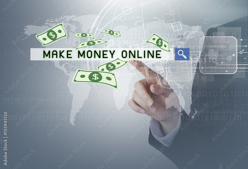 Financial concept of business woman hand touching make money online at search bar with dollar and technology design Financial concept of business woman hand touching make money online at search bar with dollar and technology design