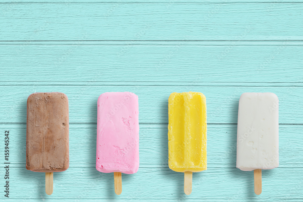 Ice cream stick put on wood background with copy space. Stock Photo