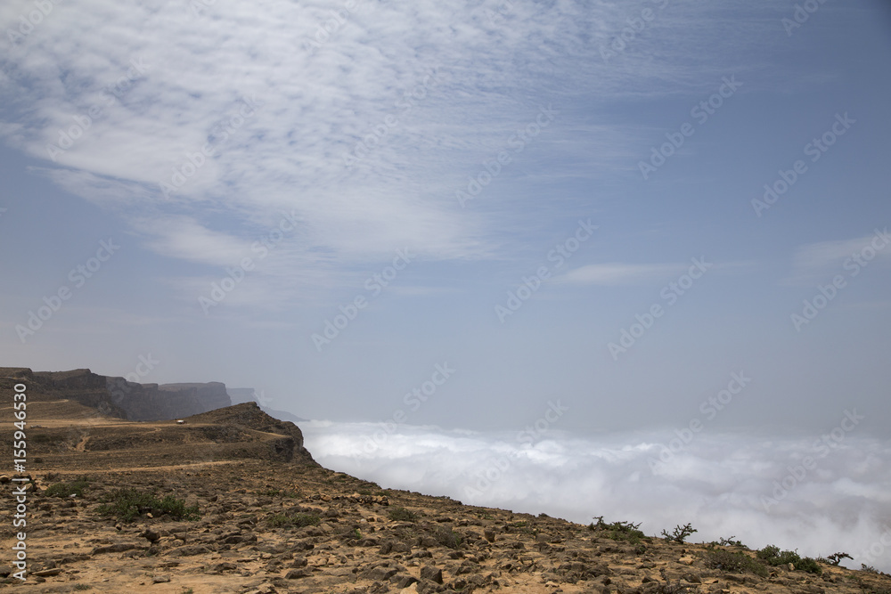 monsoon (khareef) clouds below the cliffs in Dhofar mountains, Salalah, Oman