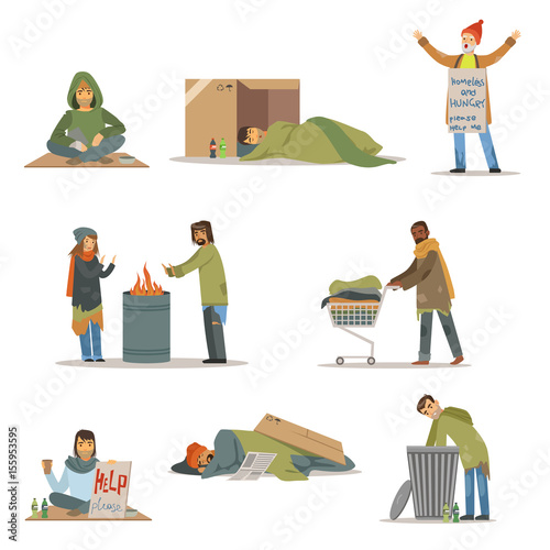 Homeless people characters set. Unemployment men needing help vector illustrations