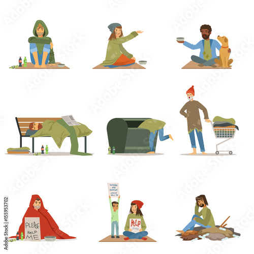 Homeless people set. Men, women, children needing help vector illustrations