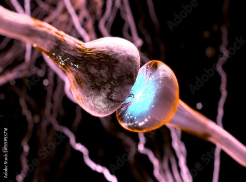 Synapse. Signals in brain. Neuron cells sending electrical chemical signals. 3D illustration