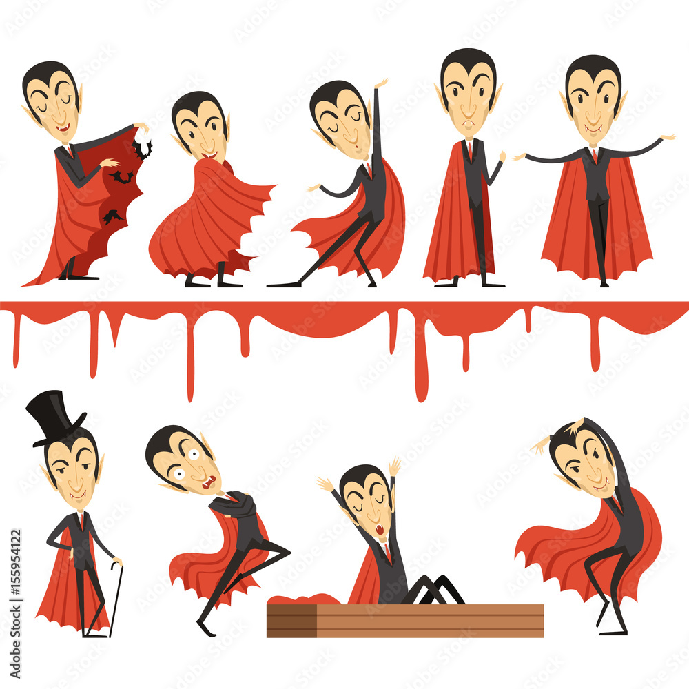 Cartoon Count Dracula wearing red cape set. Vampire characters vector ...