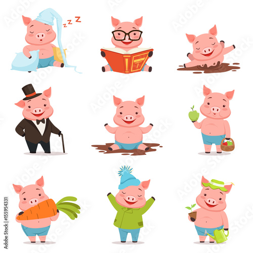 Funny little pigs in different situations set. Colorful cartoon characters vector illustrations